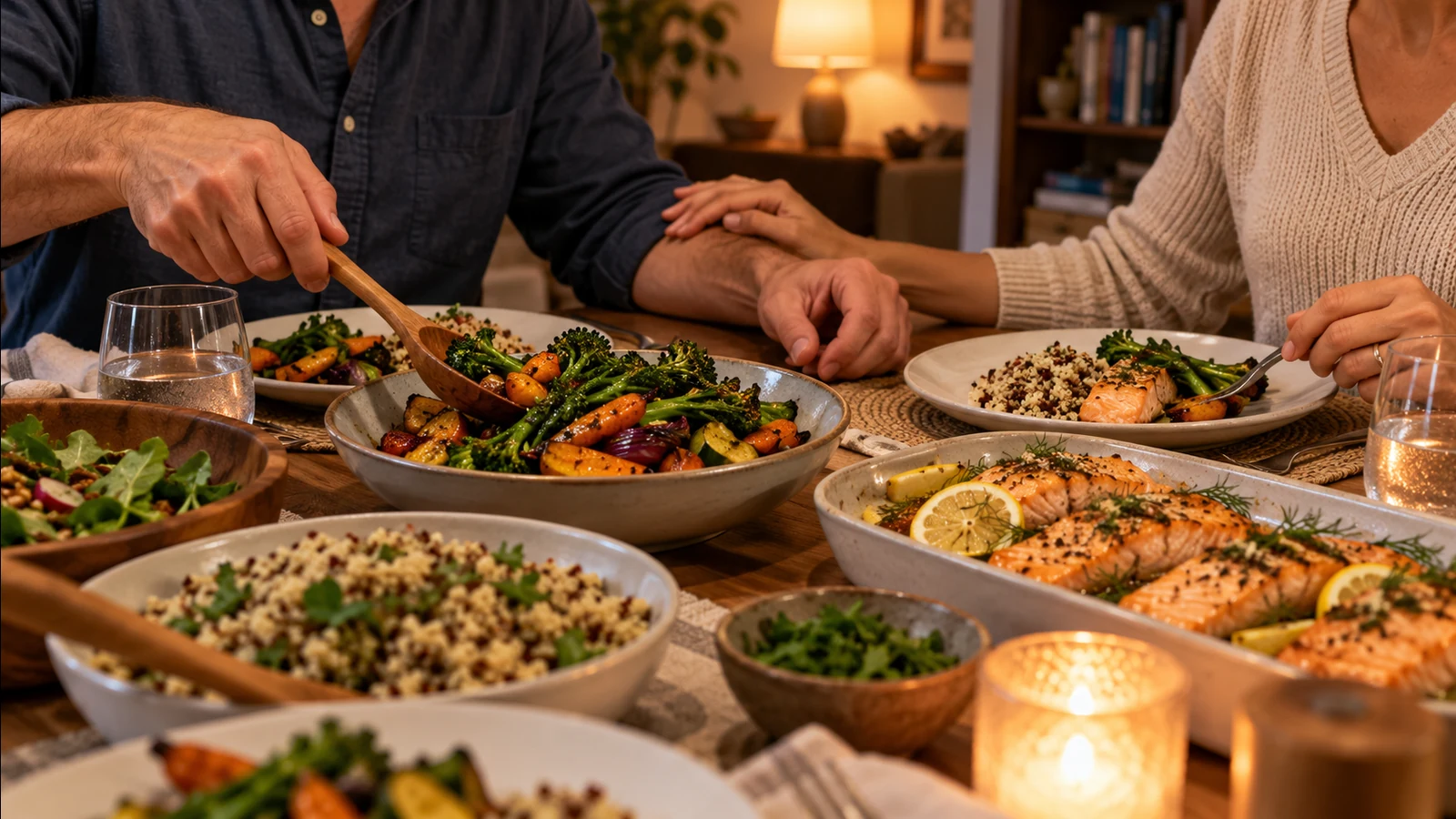 Two people sharing a dinner of salmon, roasted vegetables, and quinoa at a candlelit table, one hand resting on the other's arm.
