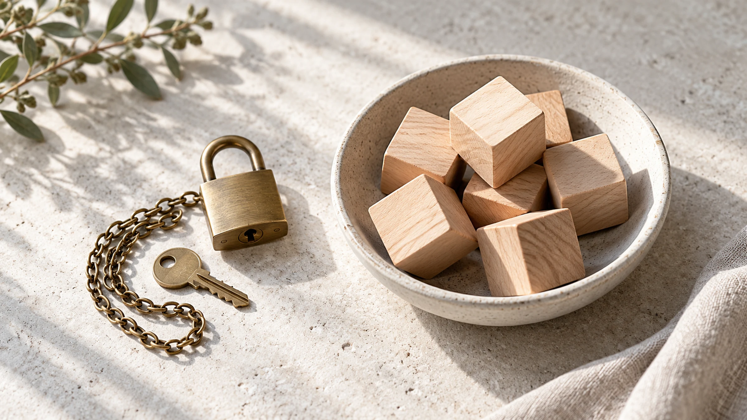 A brass padlock with its key and a short coil of chain beside a dish of plain wooden blocks.