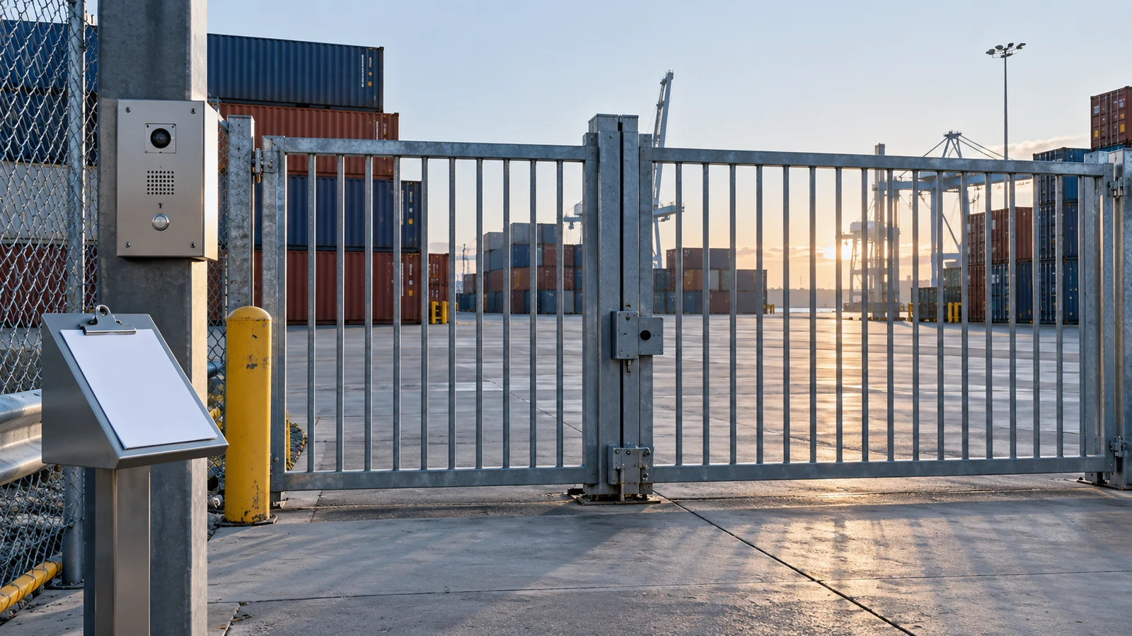 A steel security gate with an intercom post on a paved city street.
