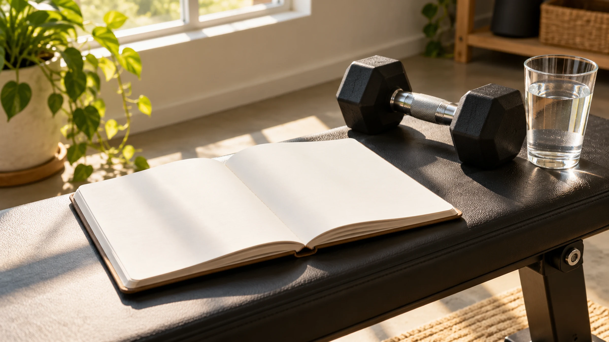 An open blank notebook and a single dumbbell on a bench beside a glass of water.