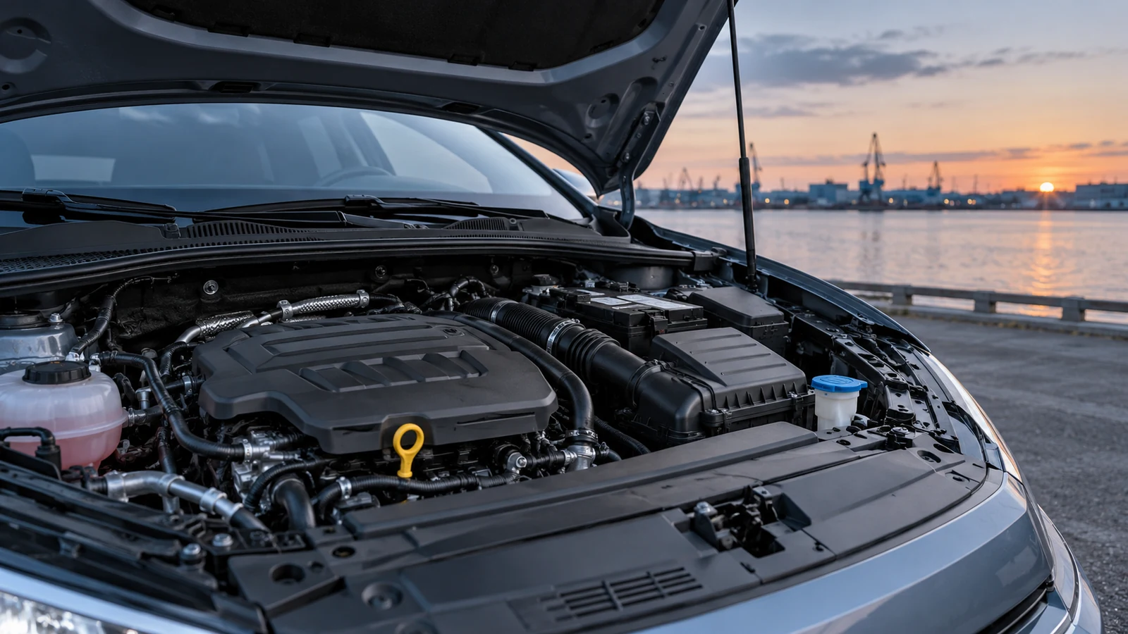 A car with the hood open over its engine, parked by the water at sunset.